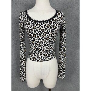Just Polly  Juniors' Leopard Print Long Sleeve Ribbed Top  Lace Trim  XS NWT's